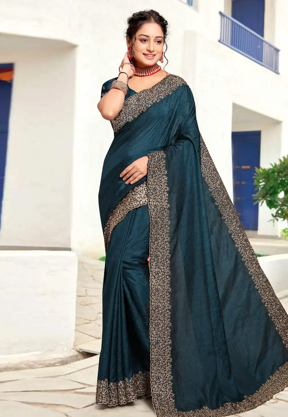 Teal Art Silk Saree With Blouse 294139