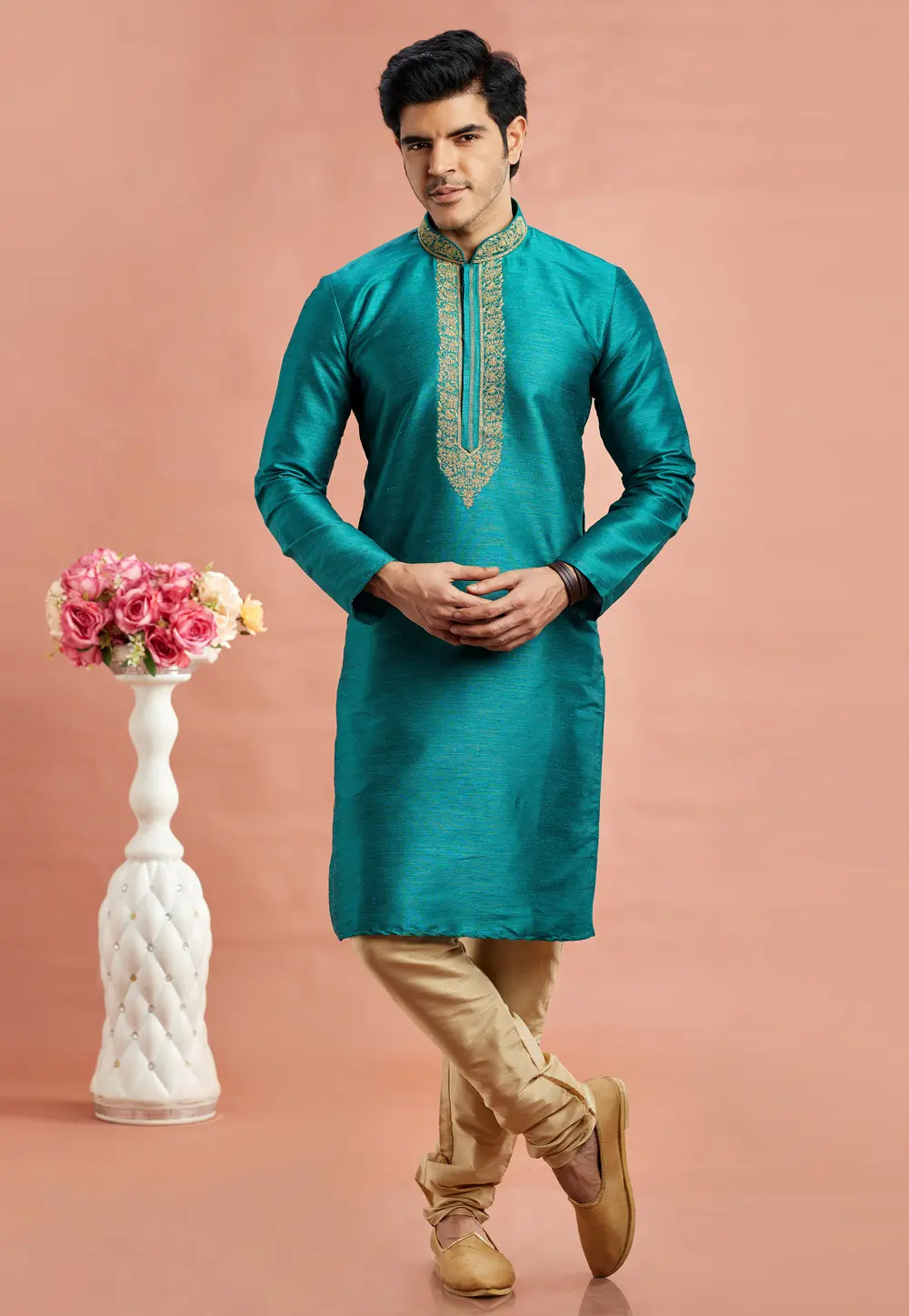 Teal Banarasi Kurta Pajama 297517