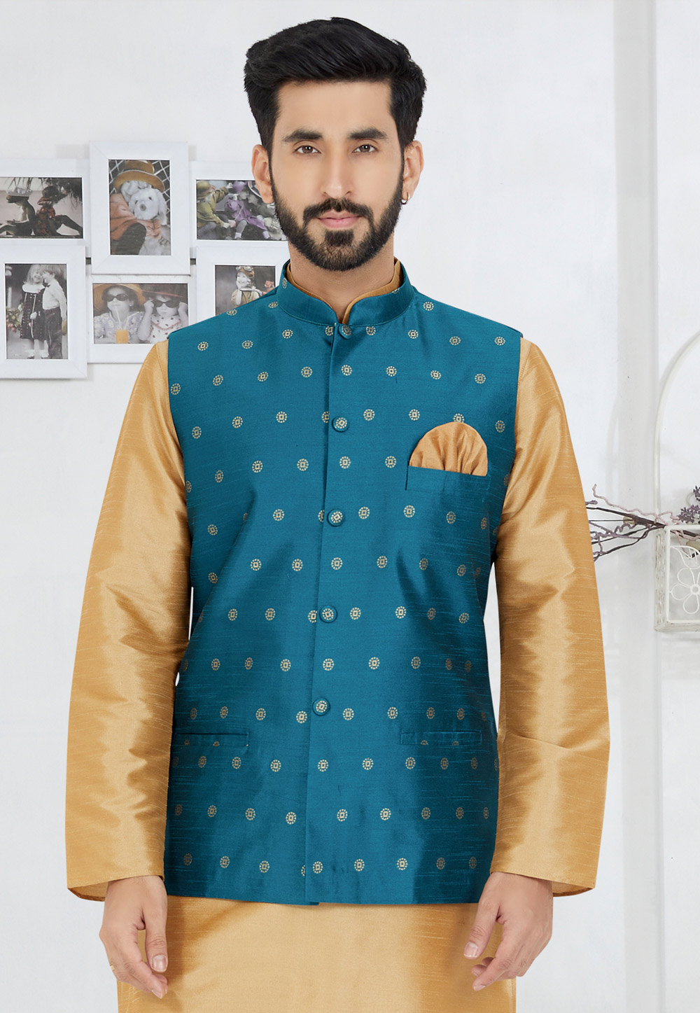 Teal Banarasi Nehru Jacket 286739