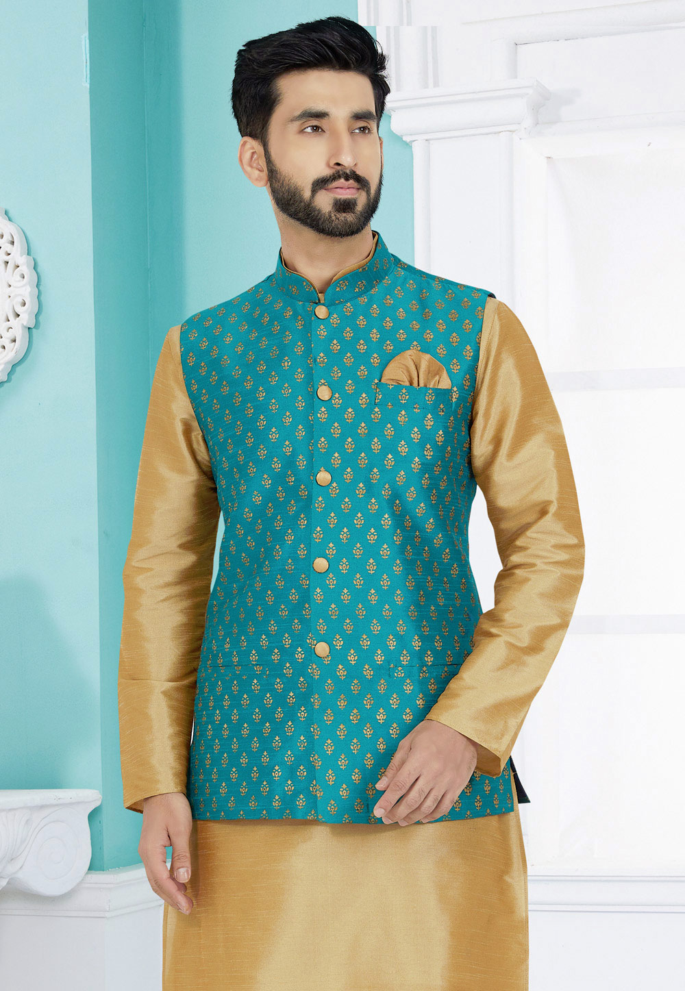 Teal Banarasi Nehru Jacket 286749