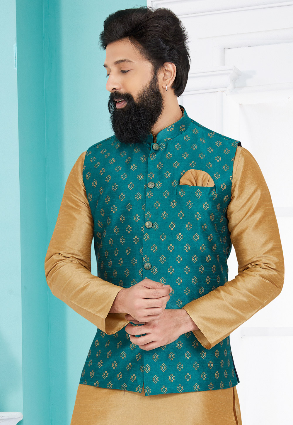 Teal Banarasi Nehru Jacket 286750