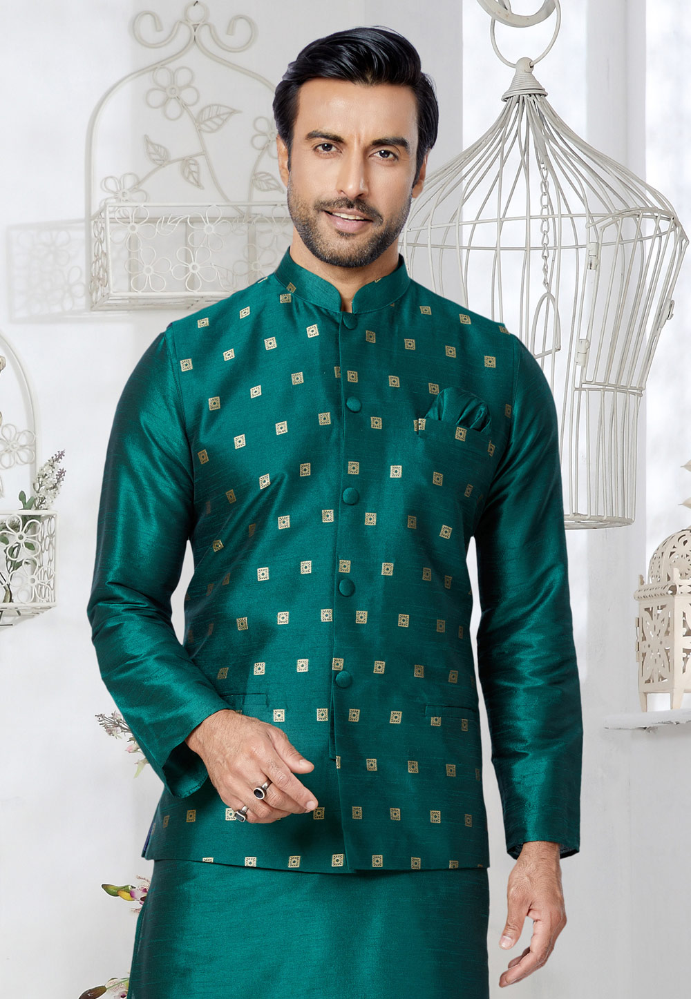 Teal Banarasi Nehru Jacket 286765