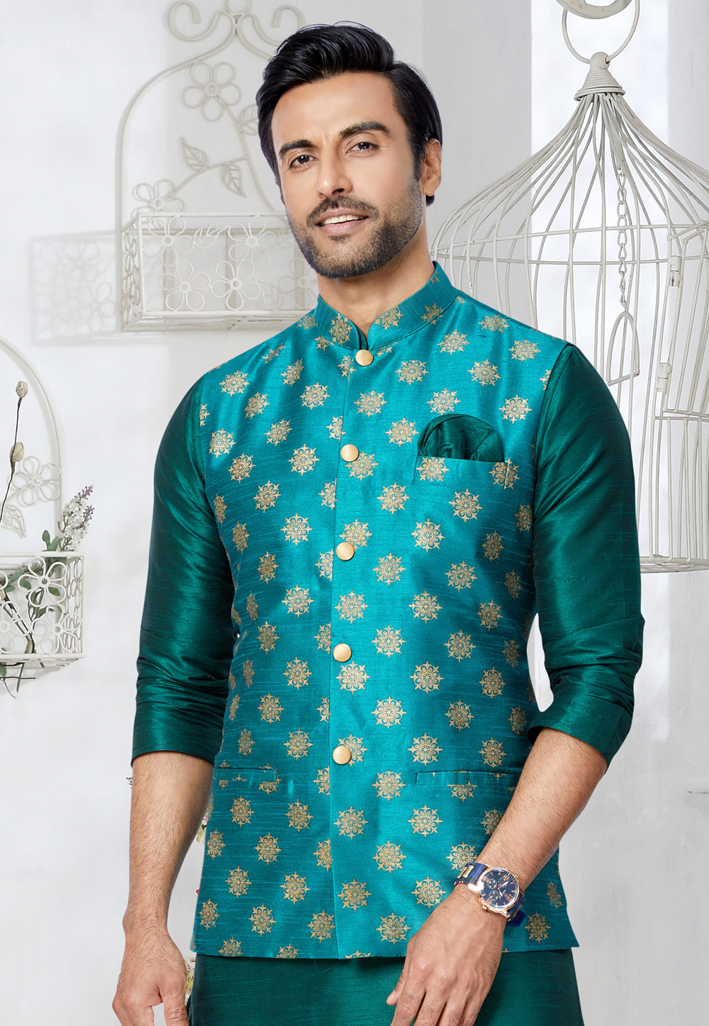 Teal Banarasi Nehru Jacket 286766