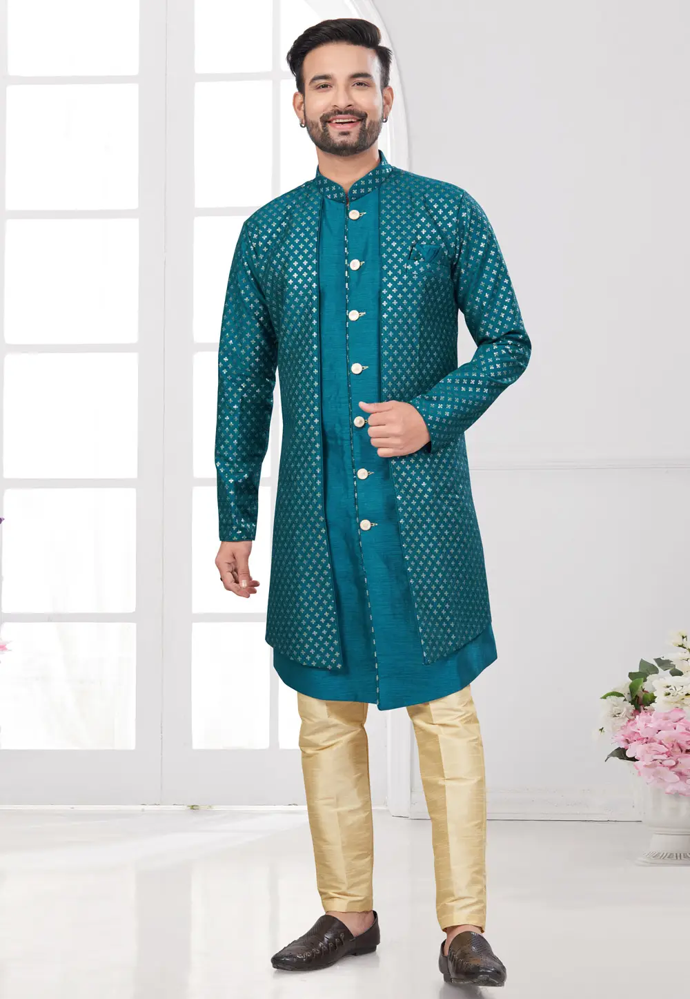 Teal Banarasi Silk Indo Western Suit 295603