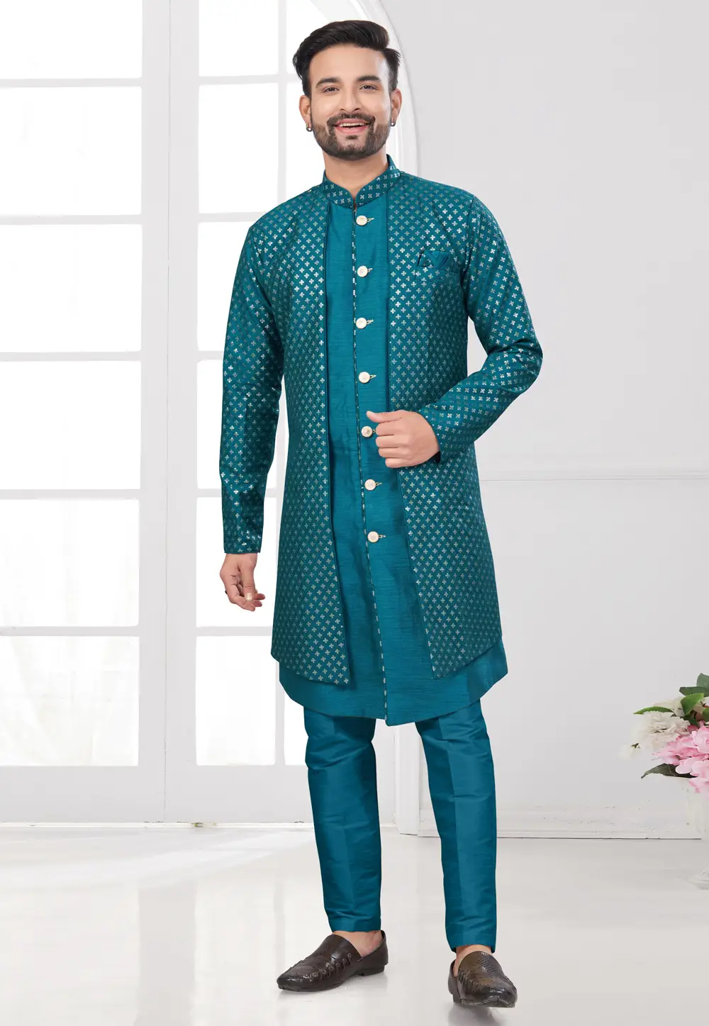 Teal Banarasi Silk Indo Western Suit 295645