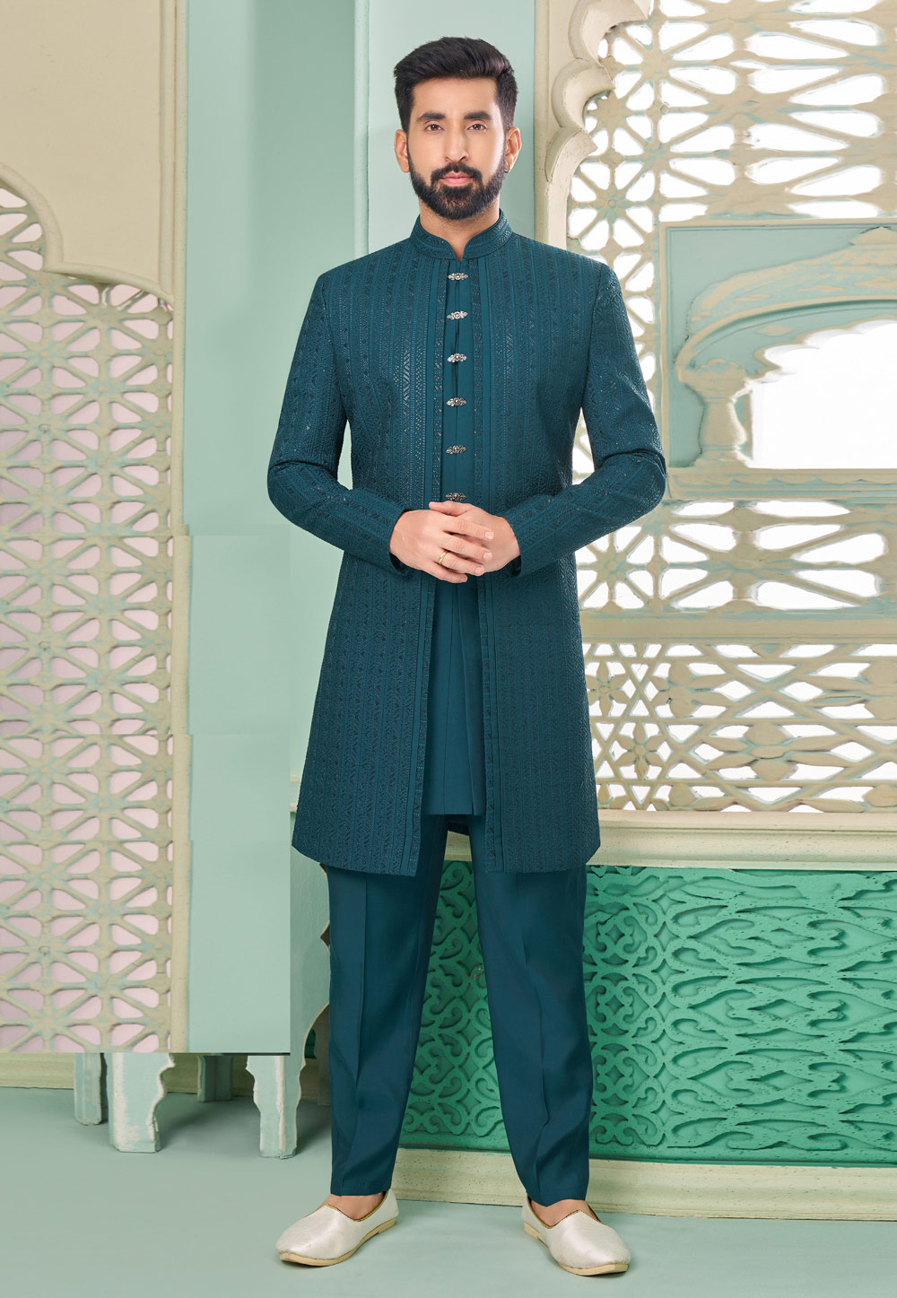 Teal Banarasi Silk Jacket Style Sherwani 285344