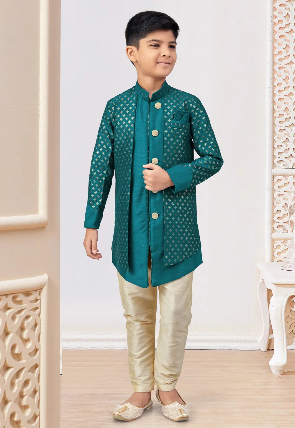 Teal Banarasi Silk Kids Indo Western Suit 301324