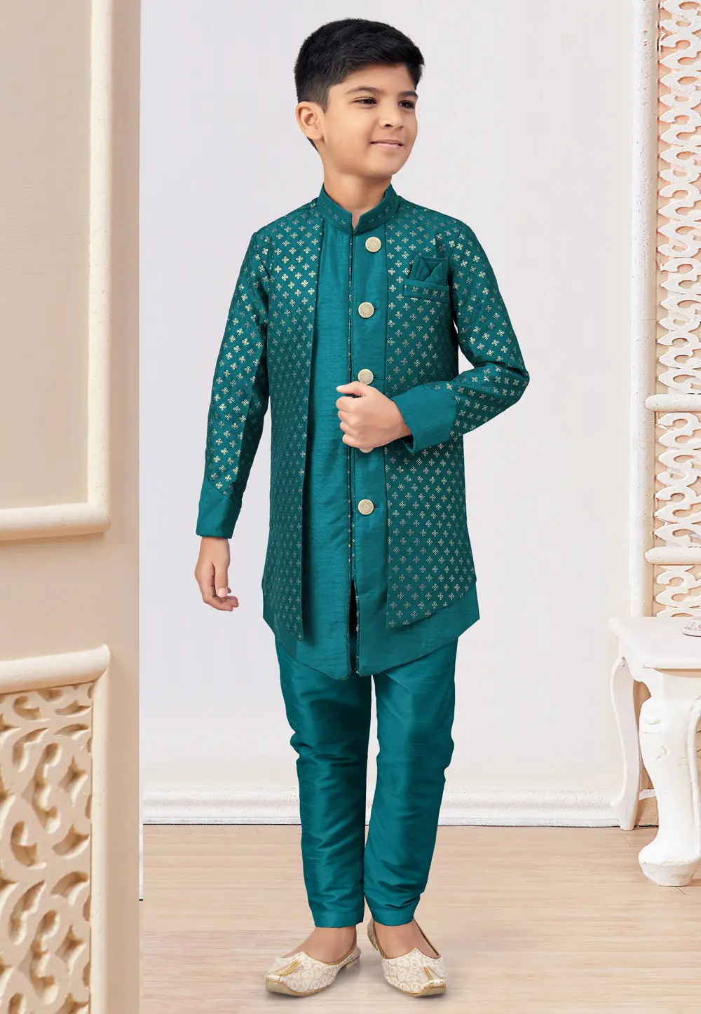 Teal Banarasi Silk Kids Indo Western Suit 303803