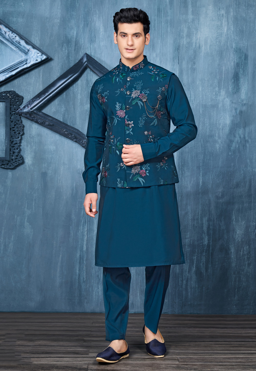Teal Banarasi Silk Kurta Pajama With Jacket 278278