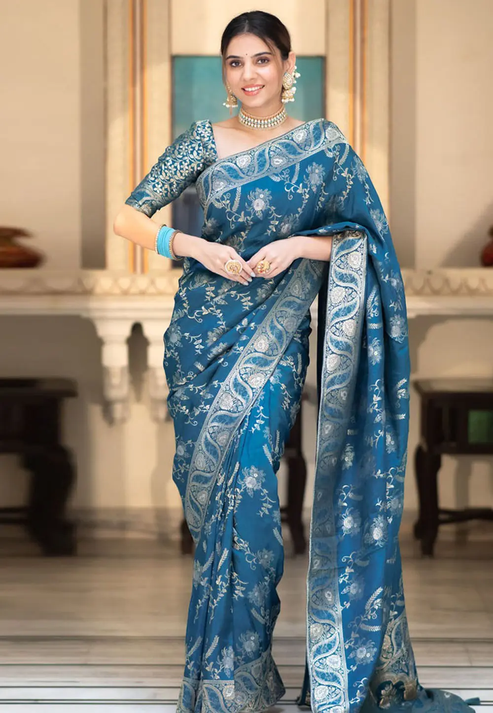 Teal Banarasi Silk Saree 298169