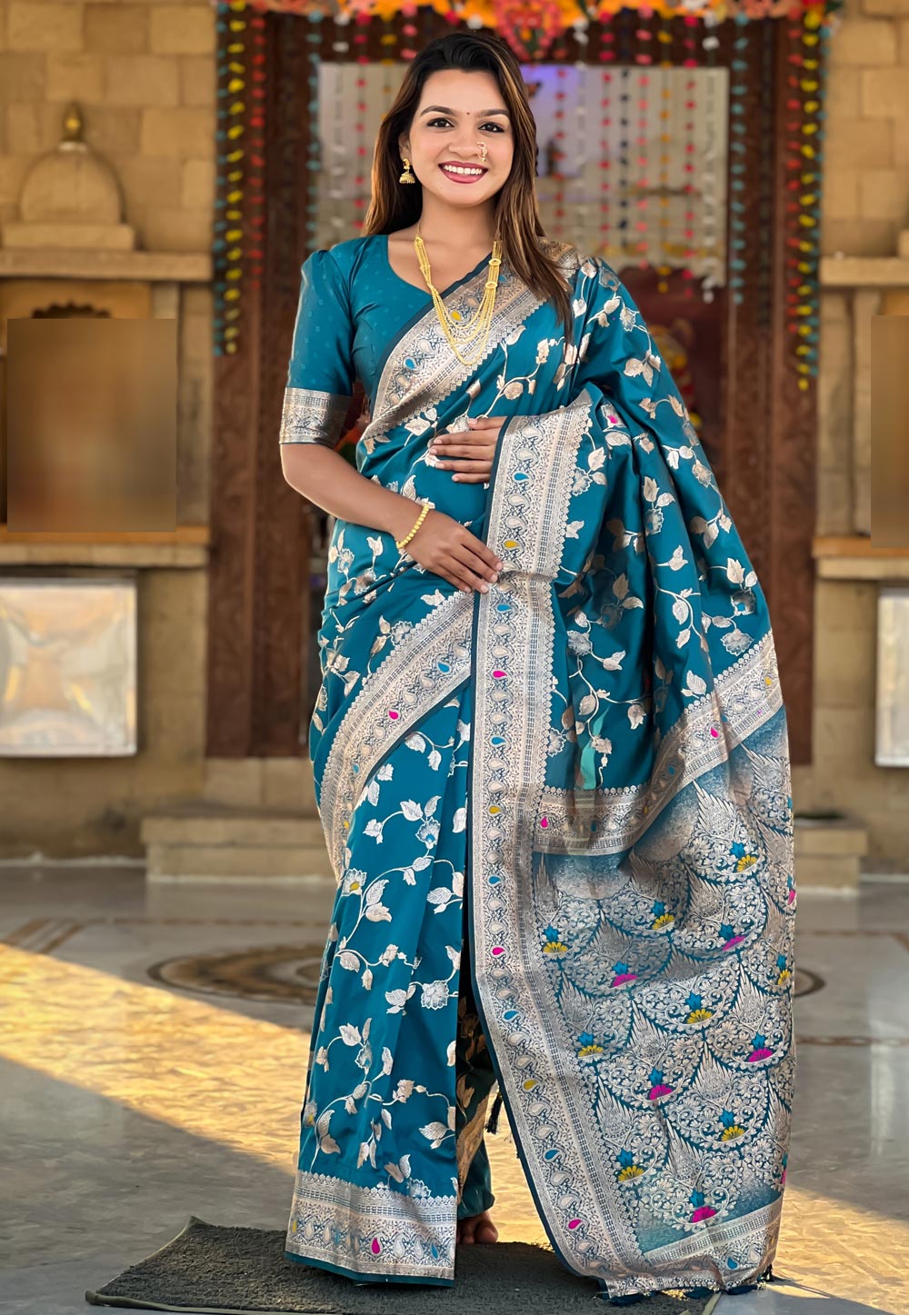 Teal Banarasi Silk Saree 305596