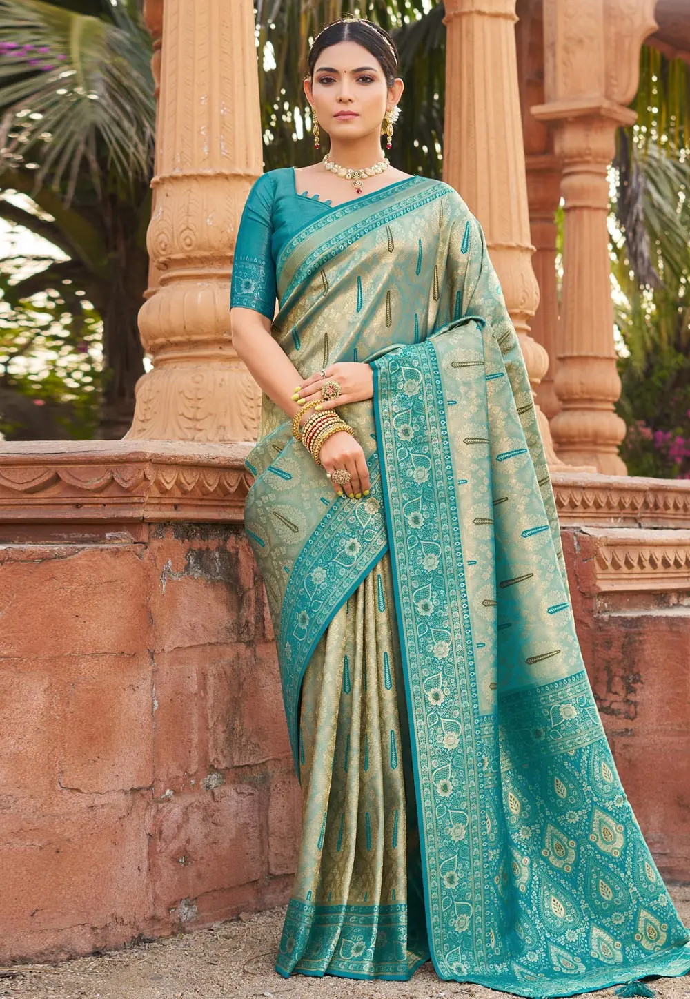 Teal Banarasi Silk Saree With Blouse 303265