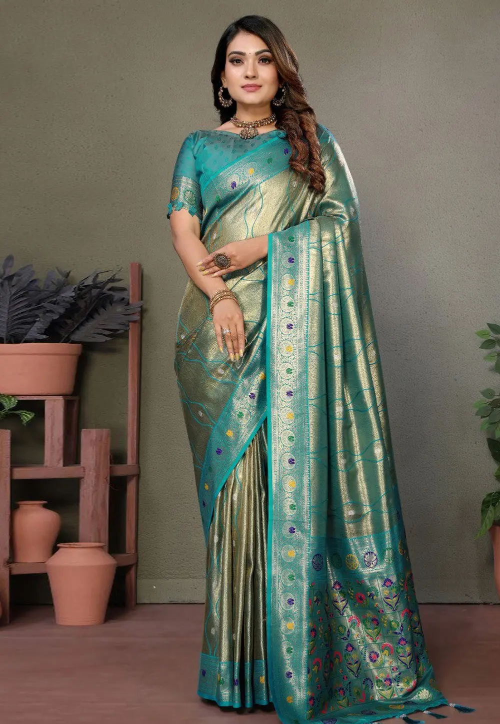 Teal Banarasi Silk Saree With Blouse 302647