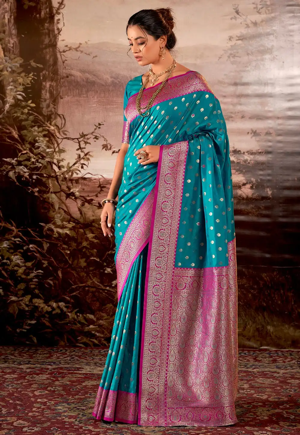 Teal Banarasi Silk Saree With Blouse 290375