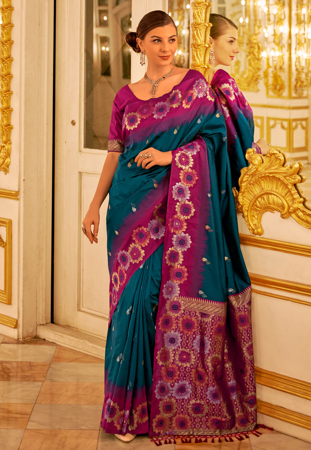 Teal Banarasi Silk Saree With Blouse 286670