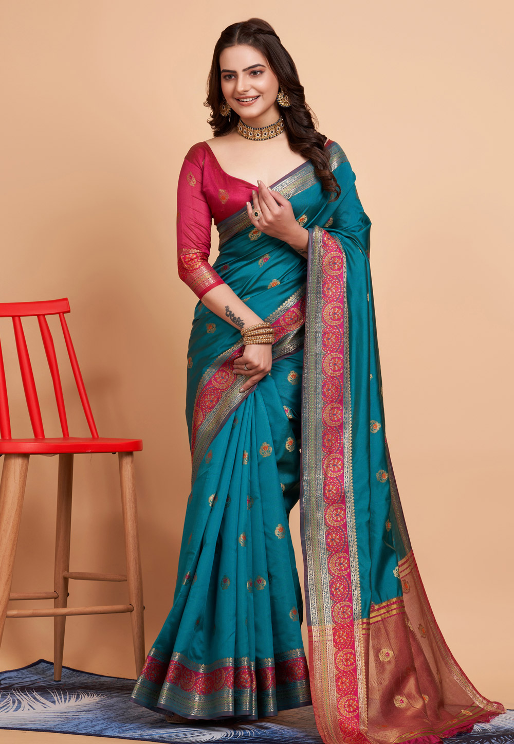 Teal Banarasi Silk Saree With Blouse 284257