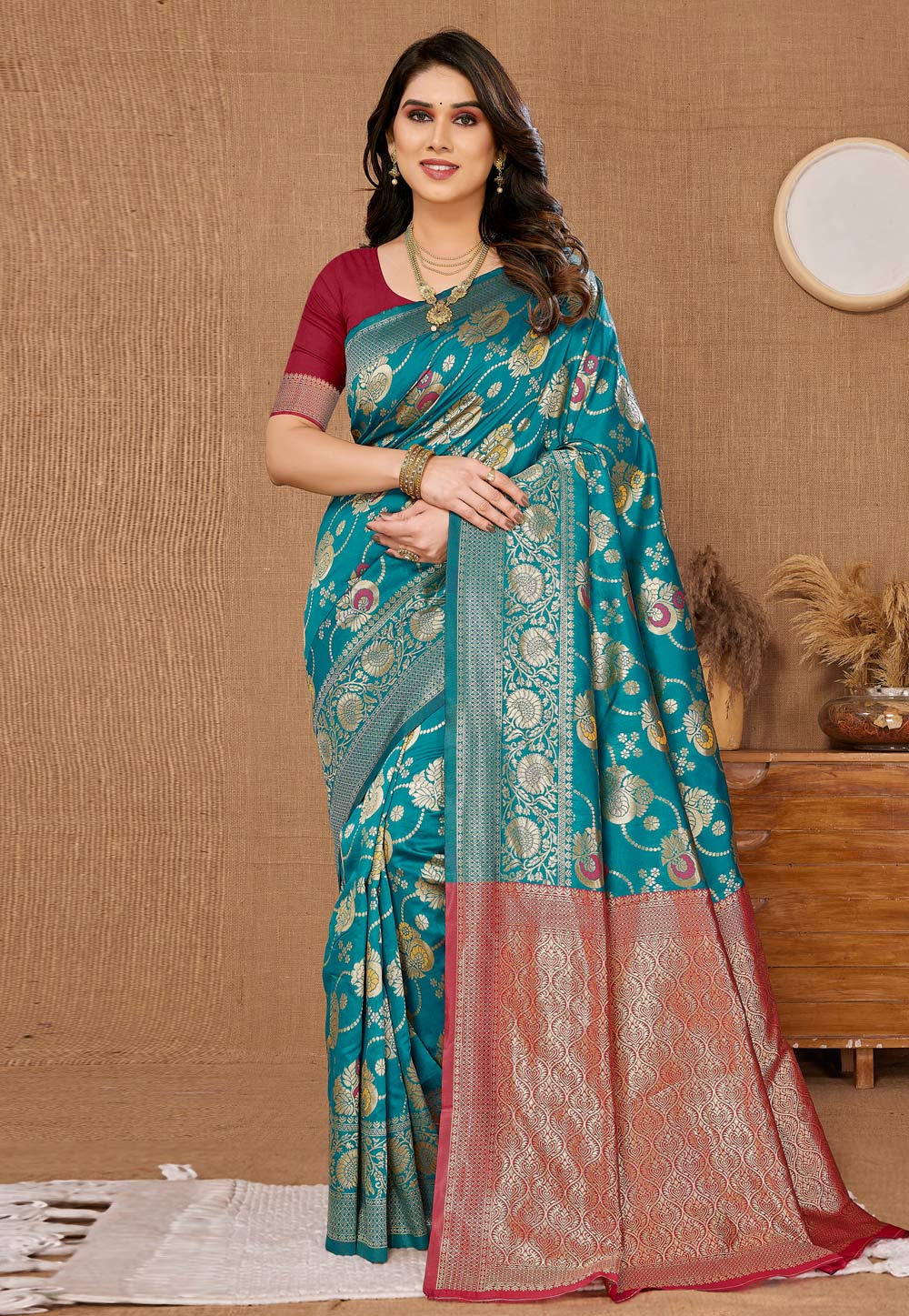 Teal Banarasi Silk Saree With Blouse 285939