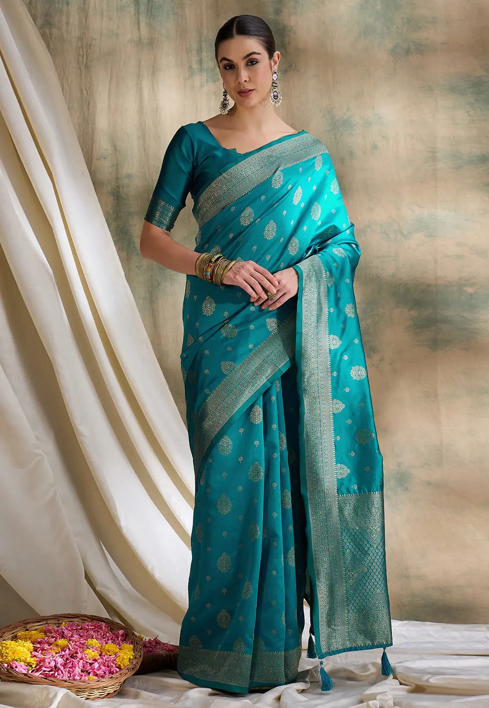 Teal Banarasi Silk Saree With Blouse 301507