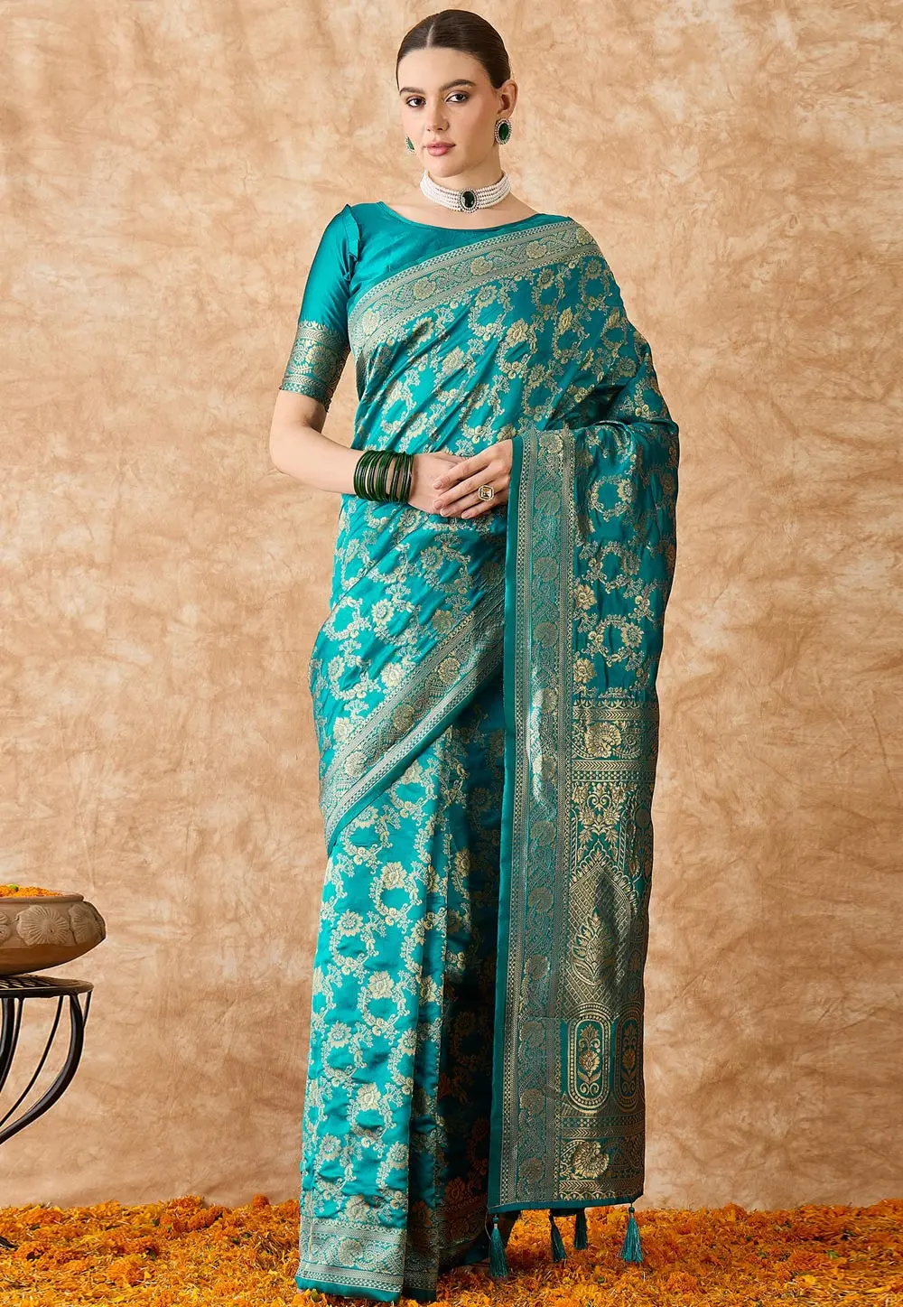 Teal Banarasi Silk Saree With Blouse 301525