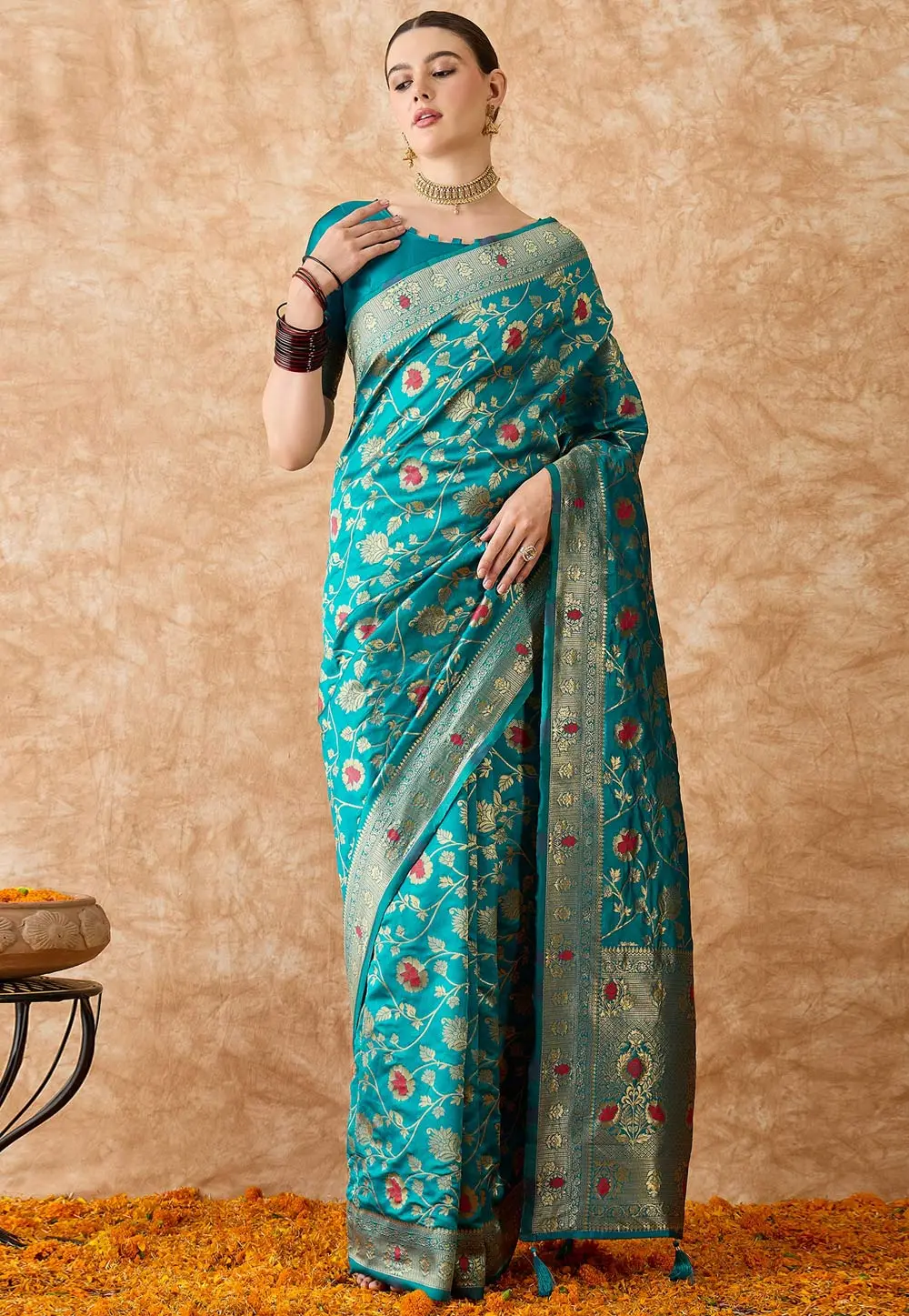 Teal Banarasi Silk Saree With Blouse 301499