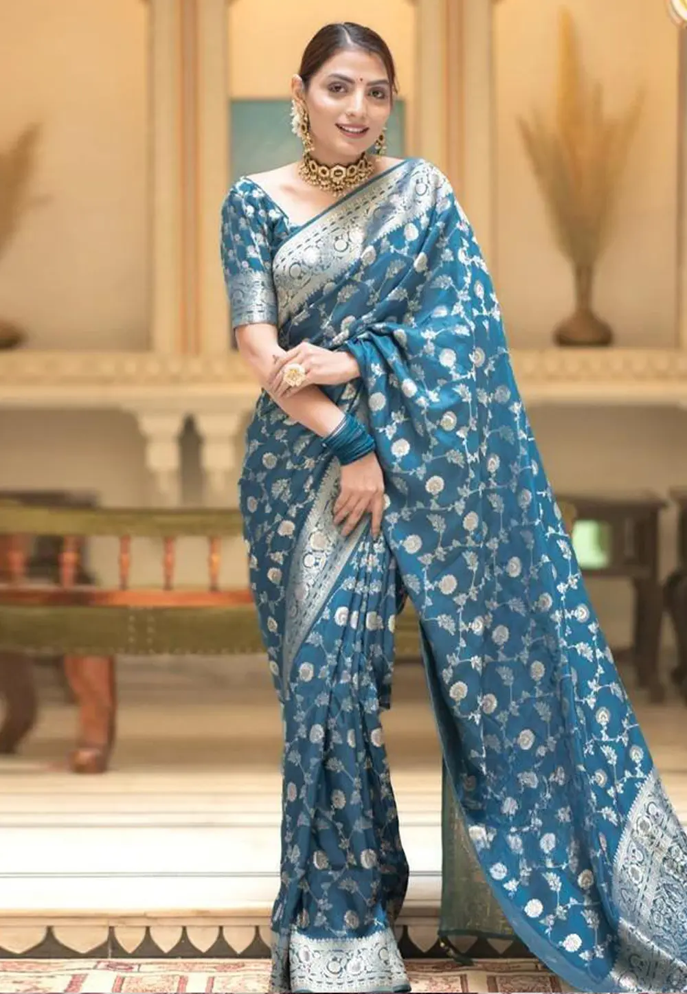 Teal Banarasi Silk Saree With Blouse 298158