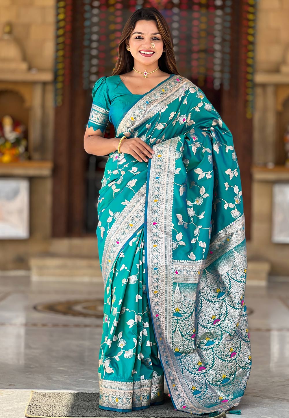 Teal Banarasi Silk Saree With Blouse 305601