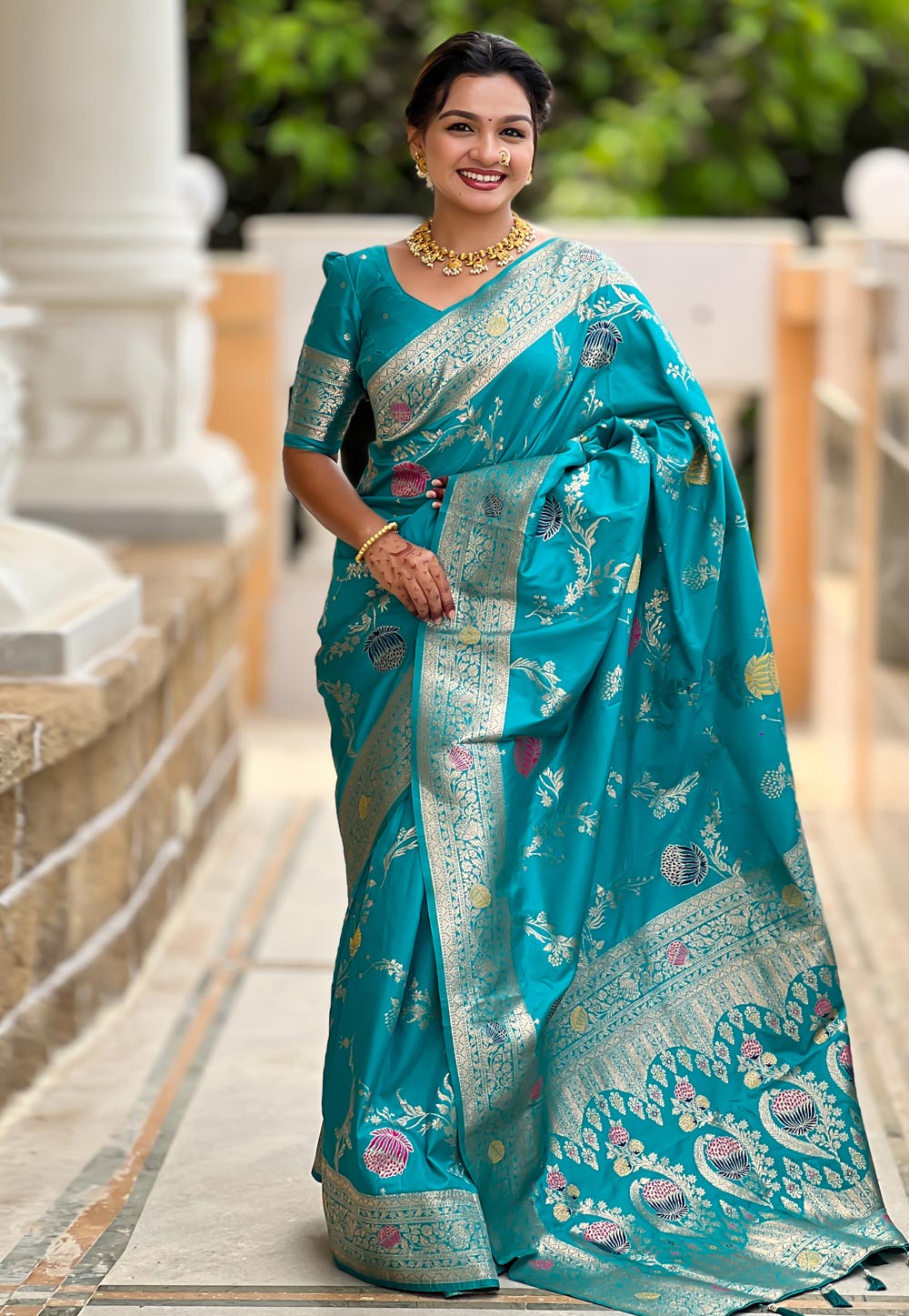 Teal Banarasi Silk Saree With Blouse 310565