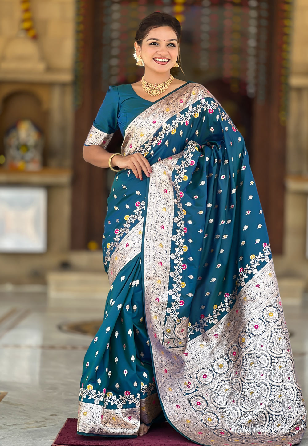 Teal Banarasi Silk Saree With Blouse 310572