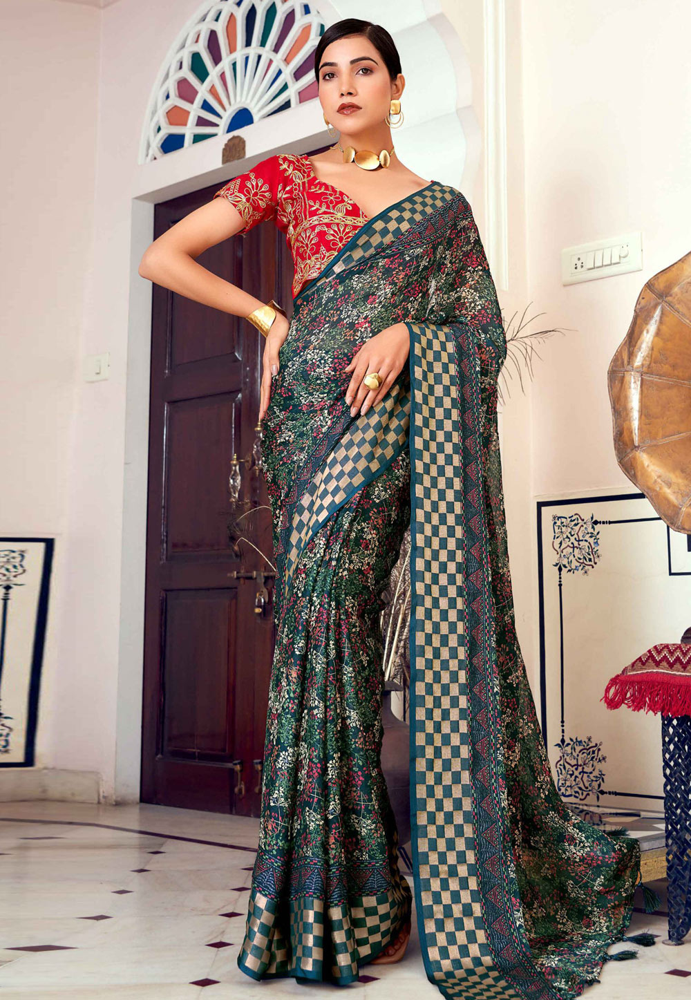 Teal Brasso Saree With Blouse 279155