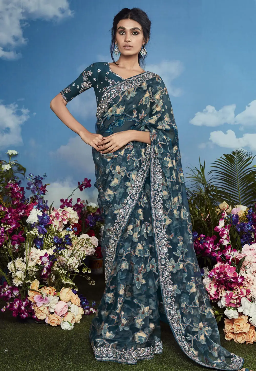 Teal Brasso Saree With Blouse 296140