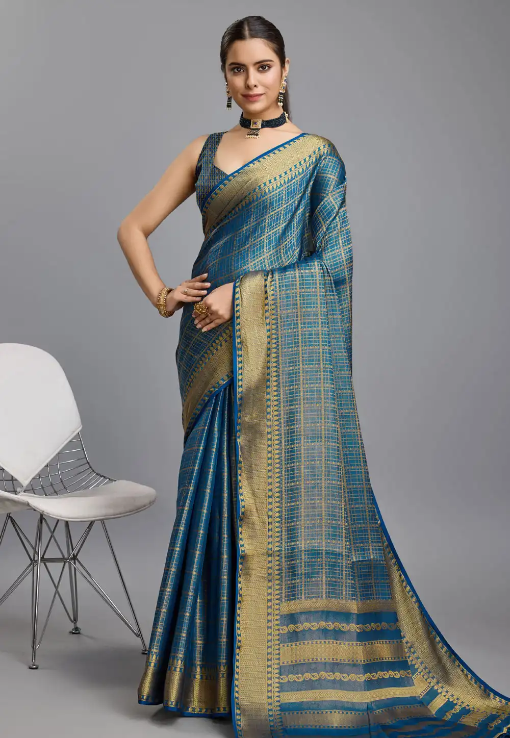 Teal Brocade Saree With Blouse 289293