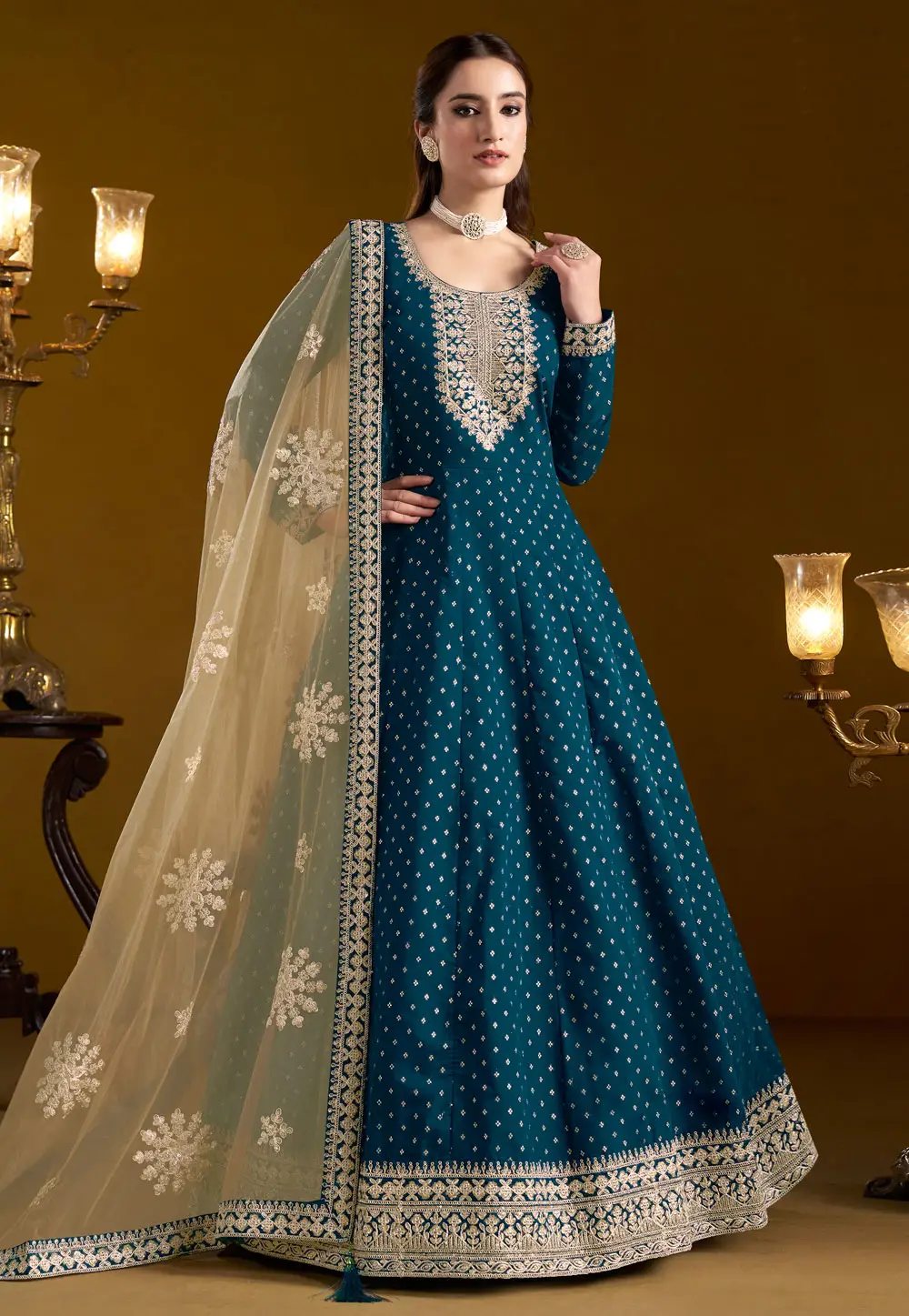 Teal Chanderi Anarkali Suit 297011