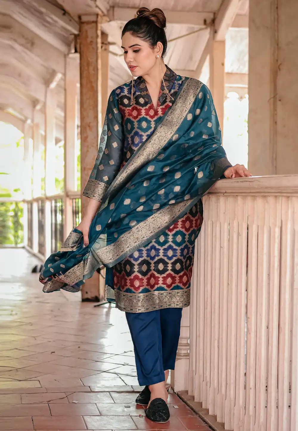 Teal Chanderi Cotton Readymade Pakistani Suit 290770