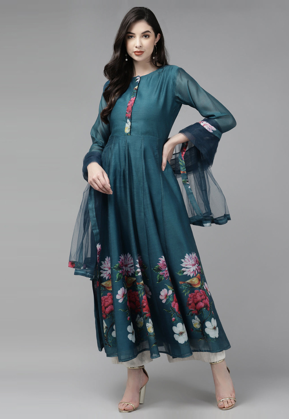 Teal Chanderi Printed Gown 282220