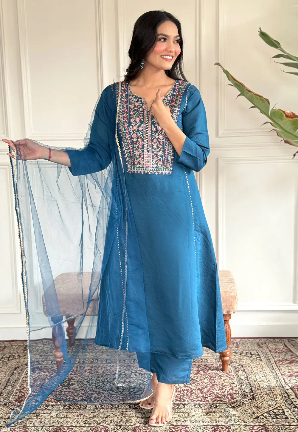 Teal Chanderi Readymade Pakistani Suit 300523