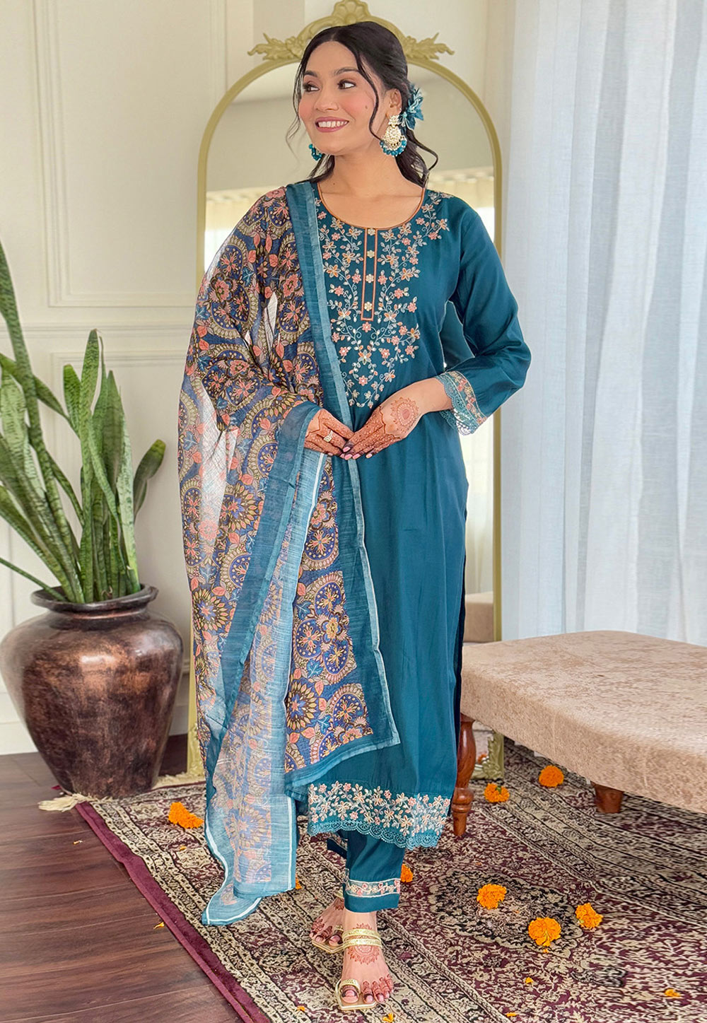 Teal Chanderi Readymade Pakistani Suit 309469