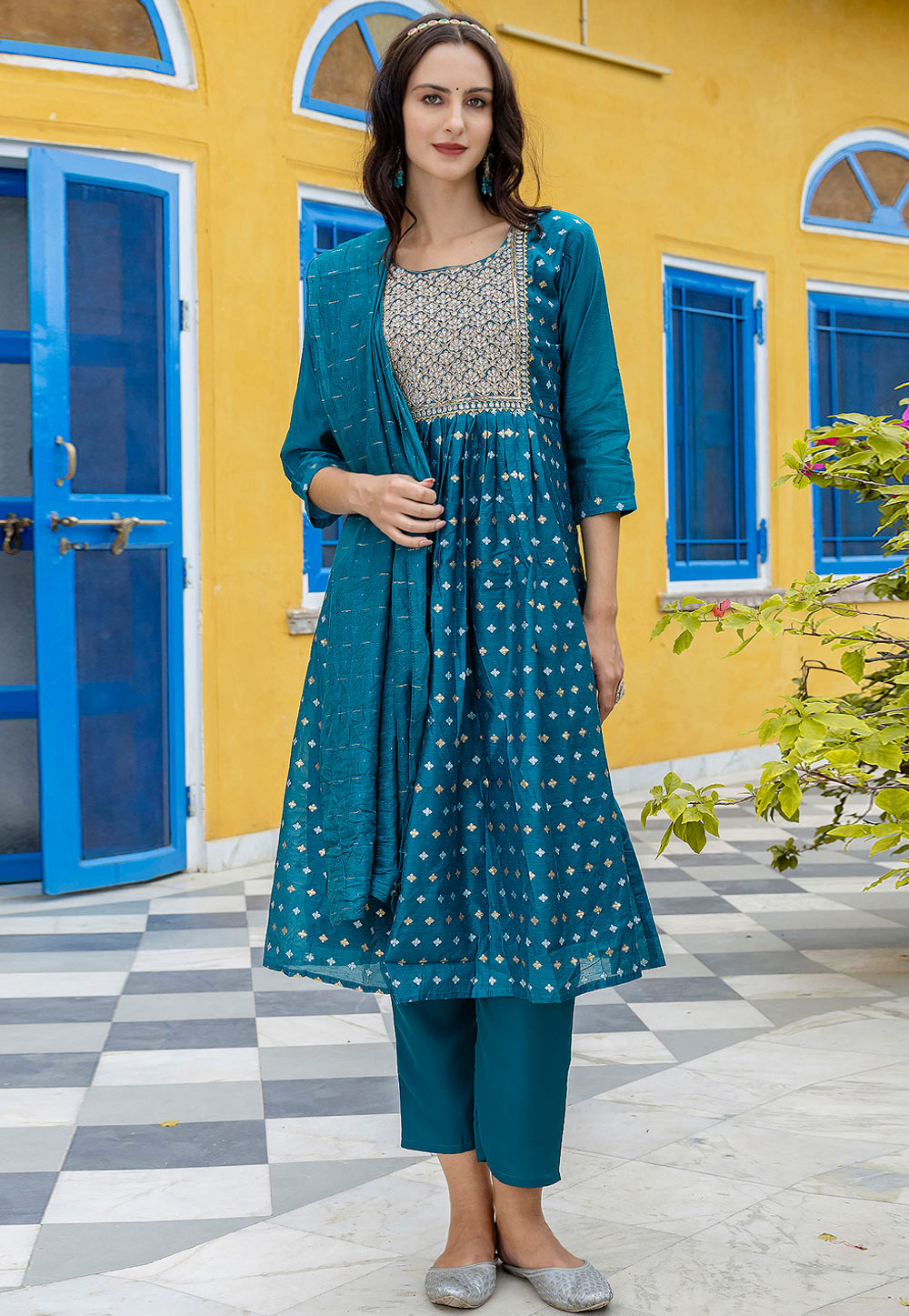 Teal Chanderi Readymade Pant Style Suit 310204