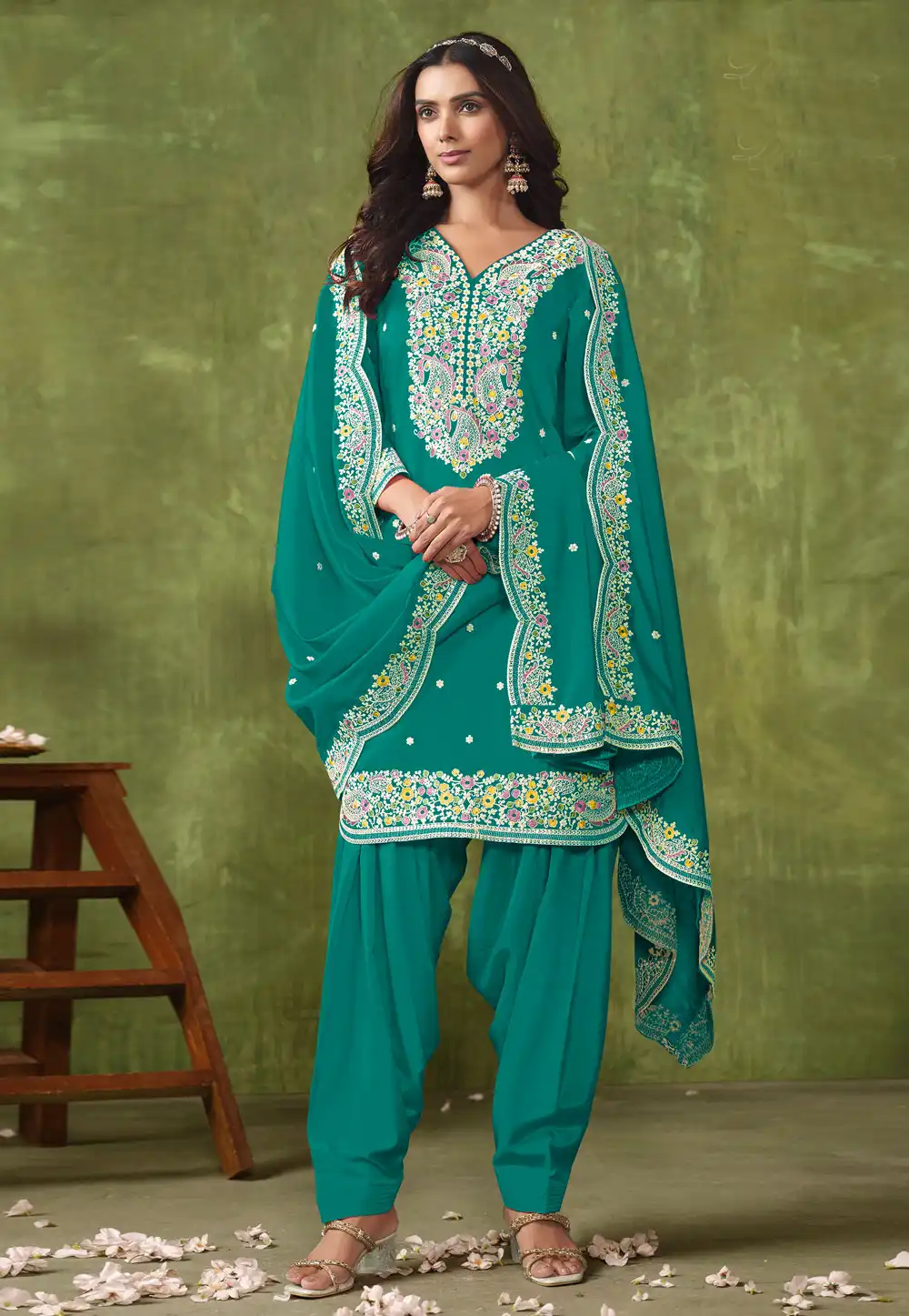 Teal Chanderi Silk Punjabi Suit 290982