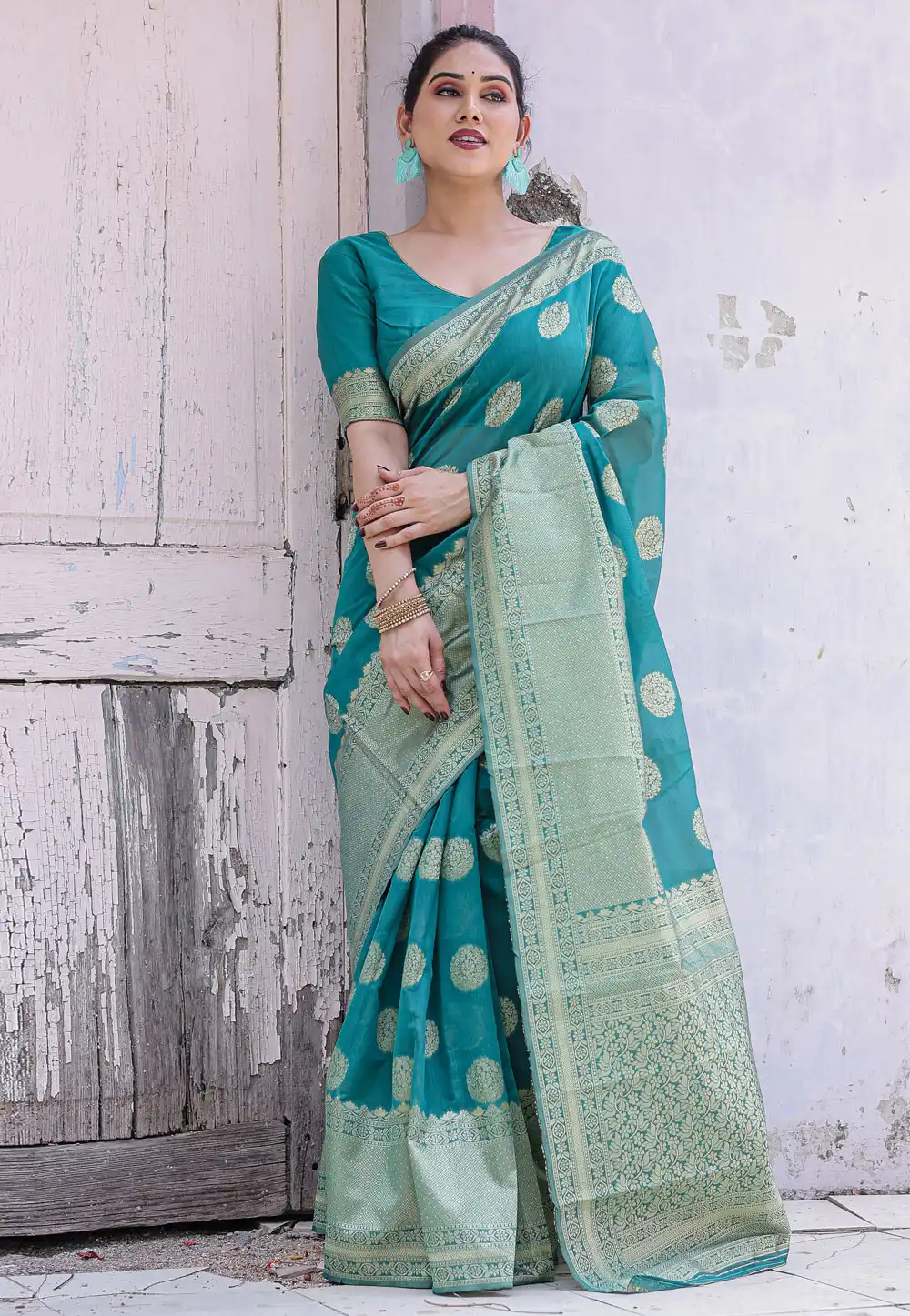 Teal Chanderi Silk Saree With Blouse 291277