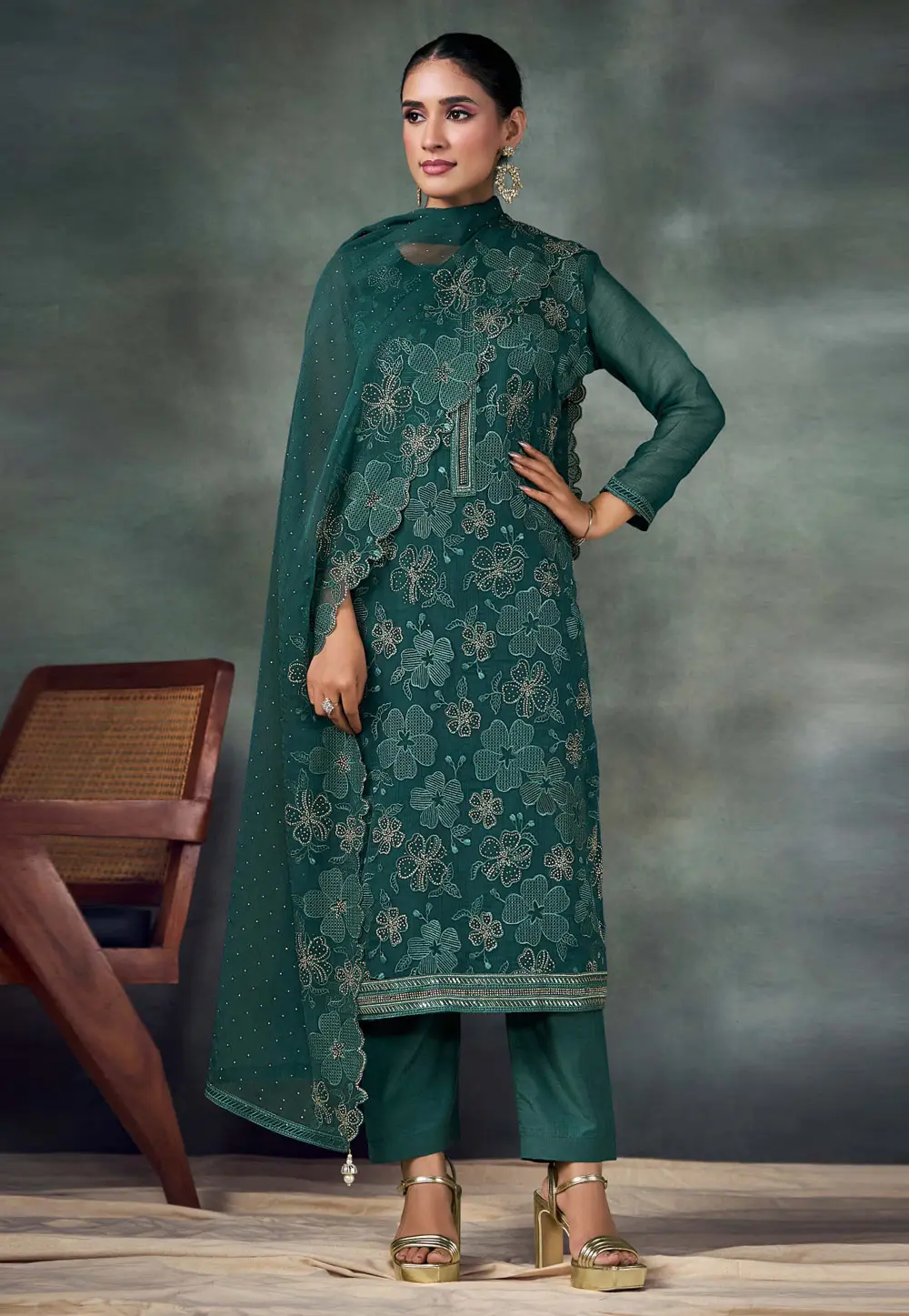 Teal Chiffon Embroidered Straight Suit 304038