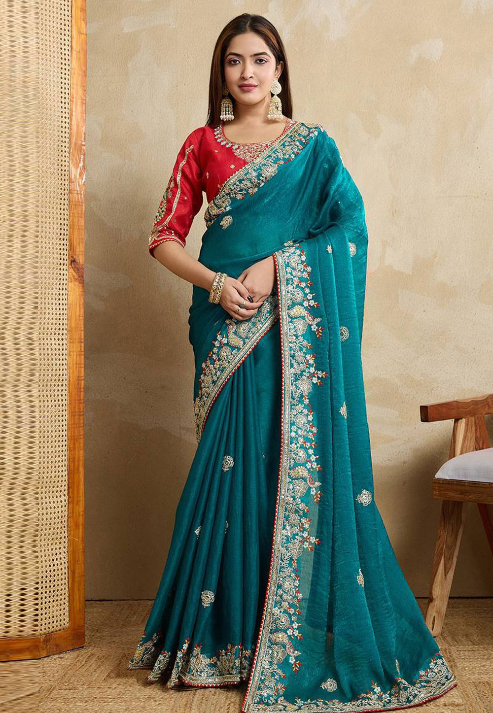 Teal Chiffon Saree With Blouse 310756