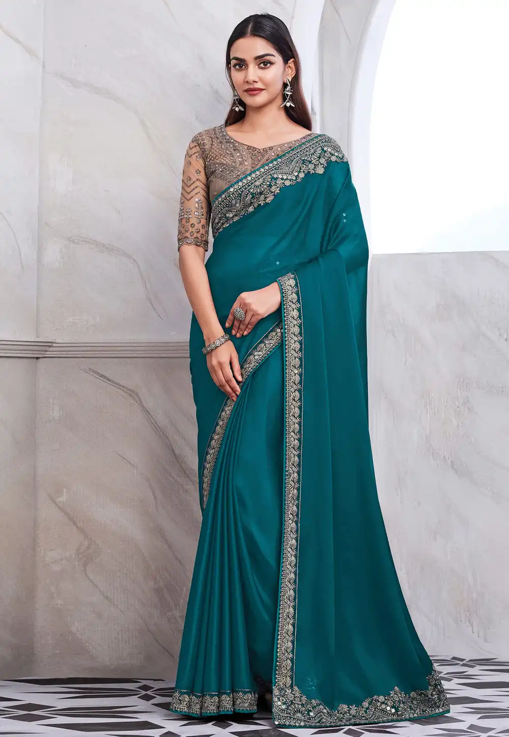 Teal Chiffon Saree With Blouse 292723