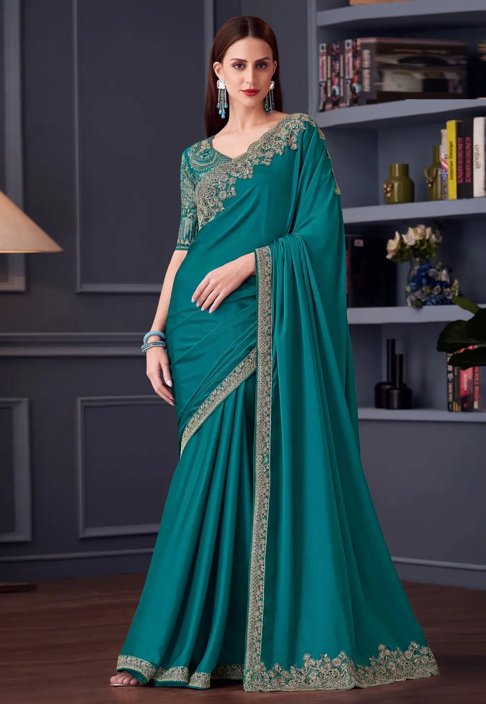 Teal Chiffon Saree With Blouse 296338