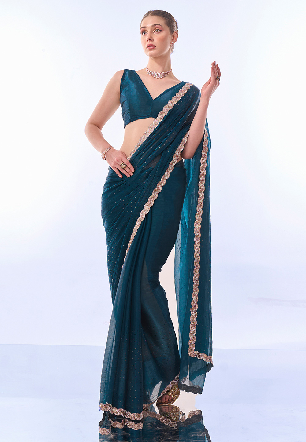 Teal Chiffon Saree With Blouse 287825