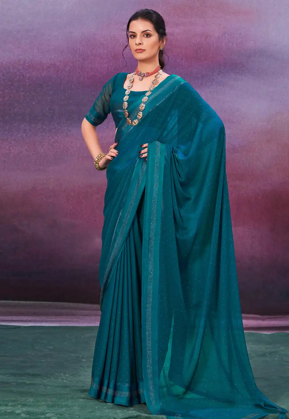 Teal Chiffon Saree With Blouse 289040