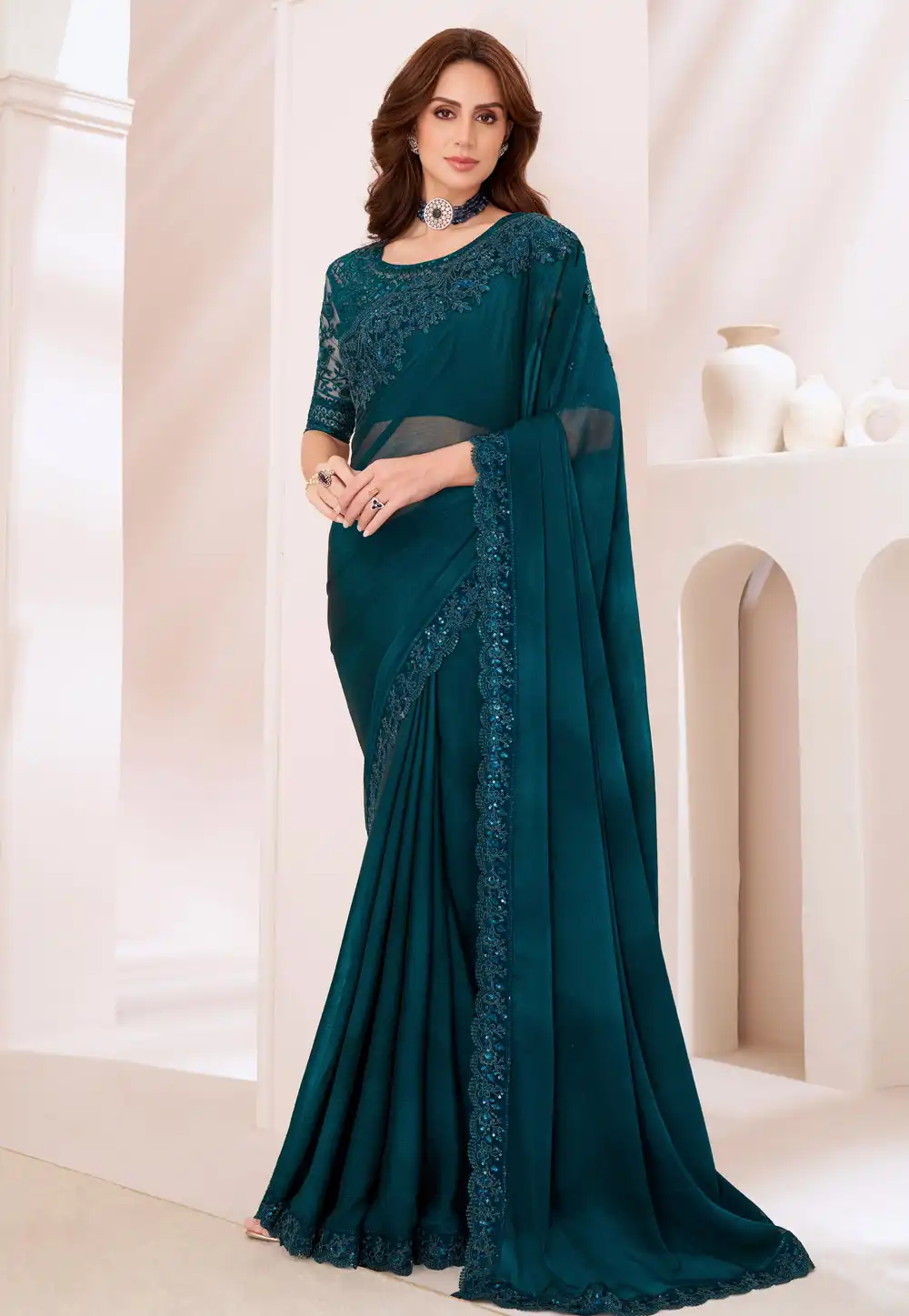 Teal Chiffon Saree With Blouse 292310