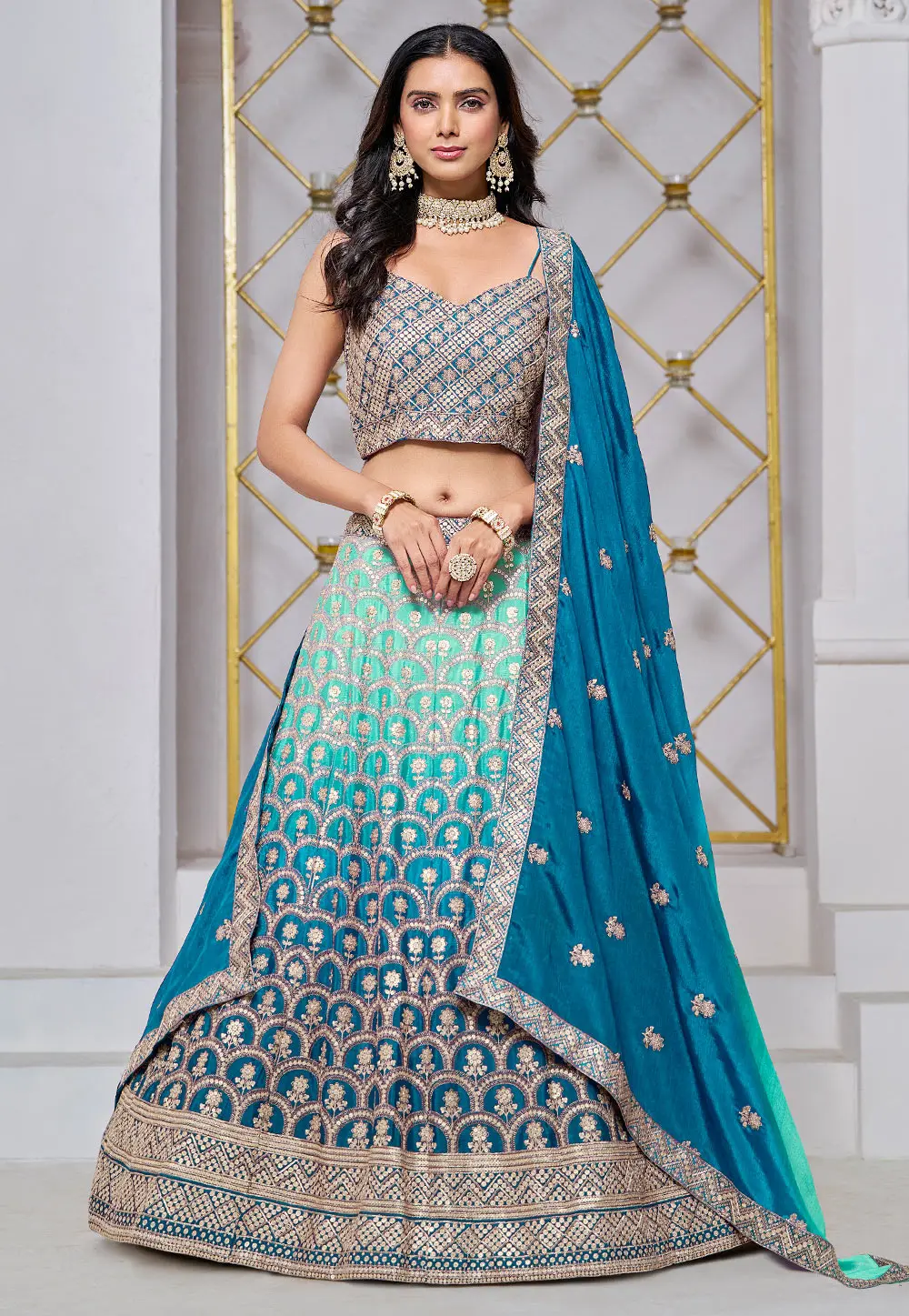 Teal Chinon A Line Lehenga Choli 298653