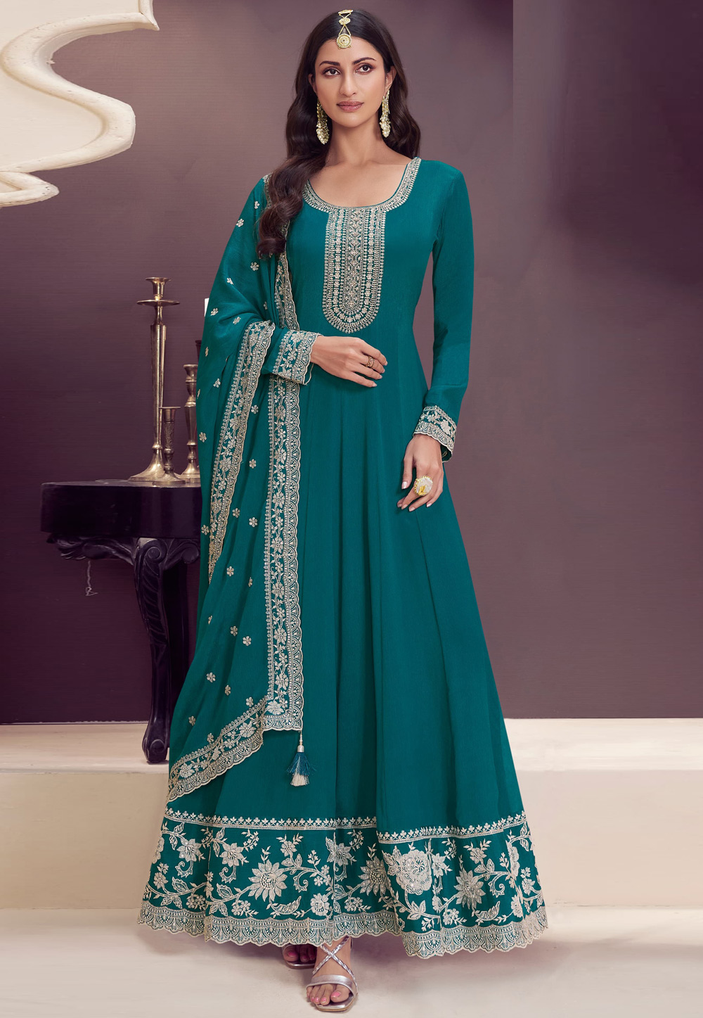 Teal Chinon Anarkali Suit 309724