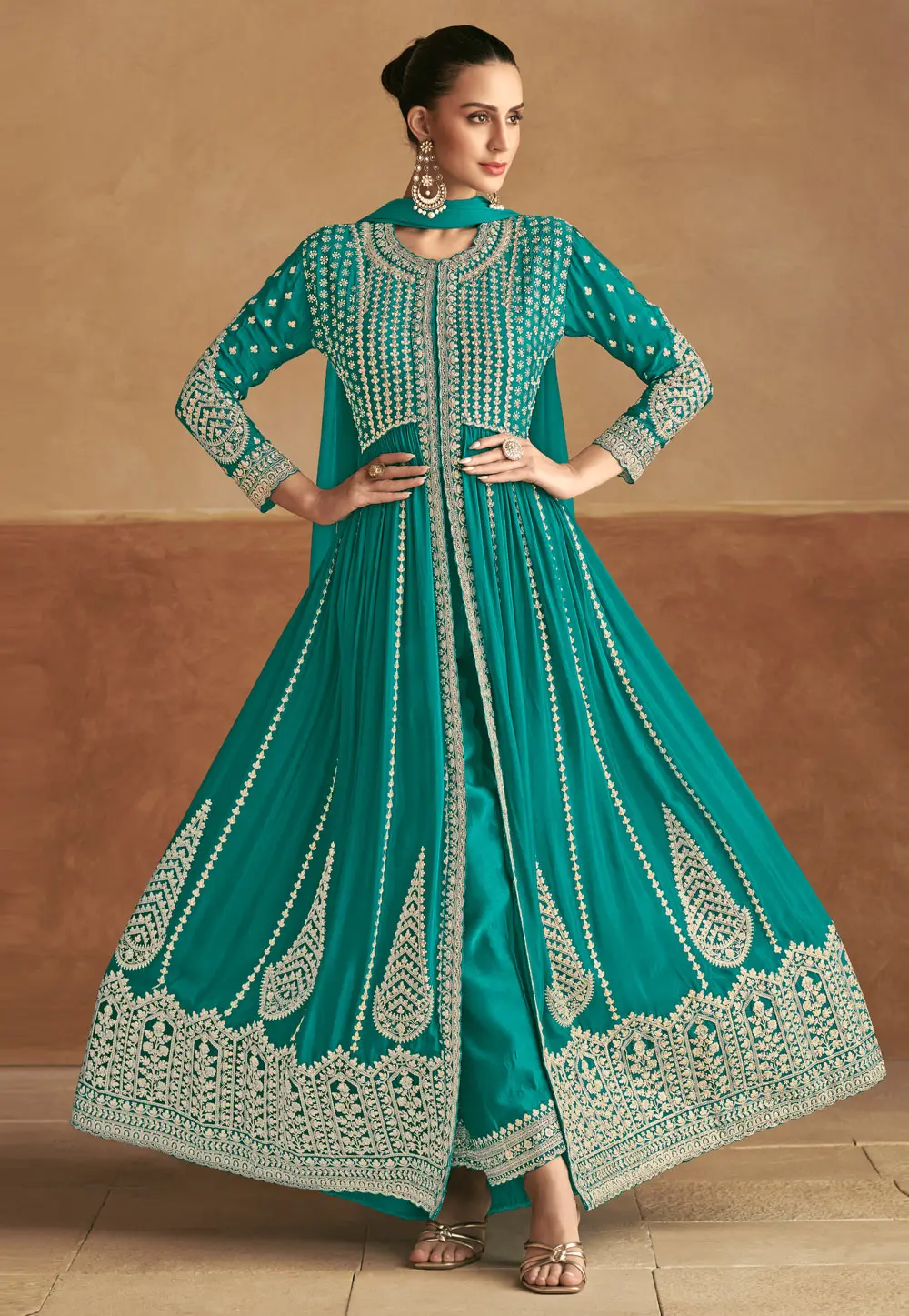 Teal Chinon Center Slit Anarkali Suit 300618