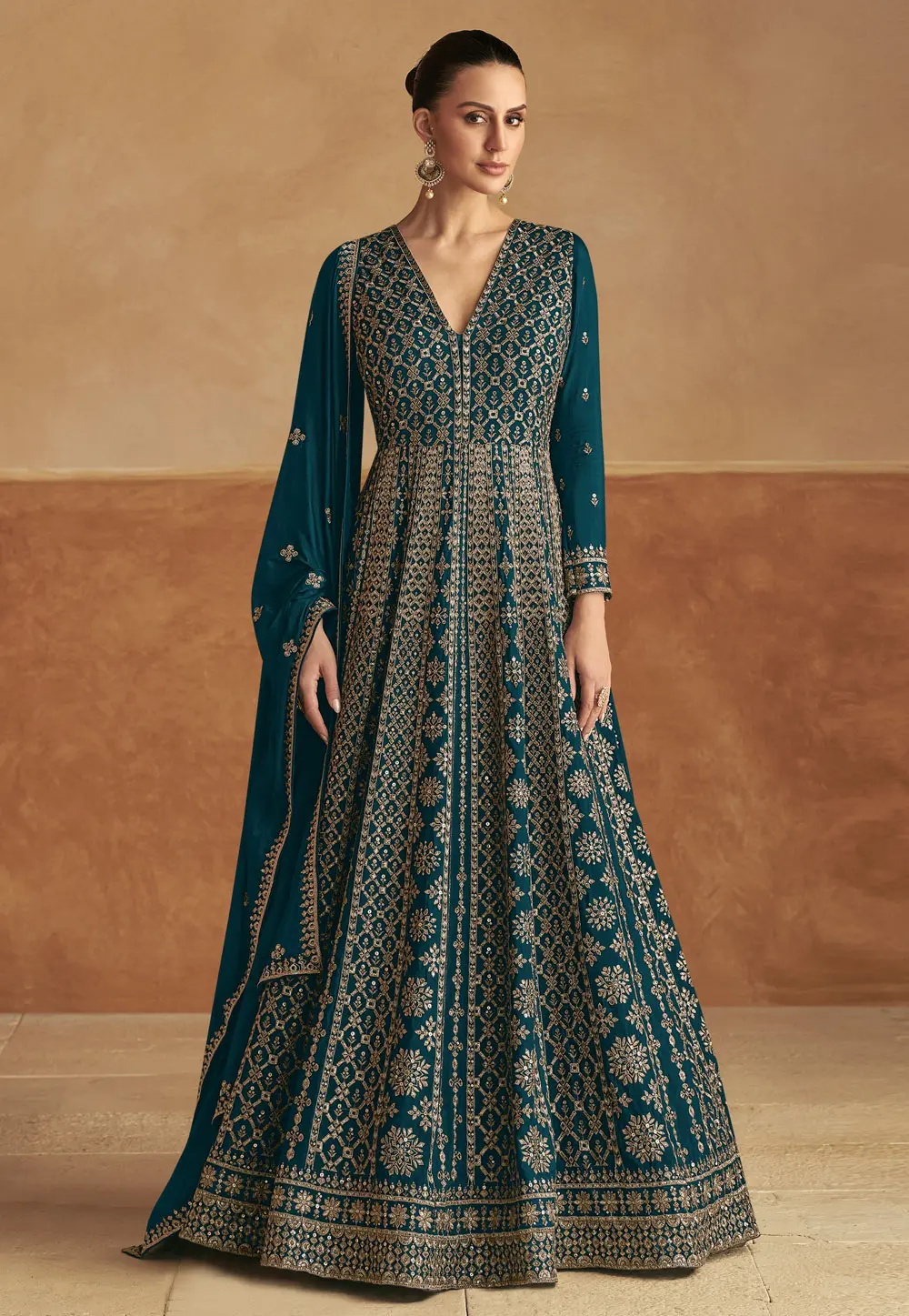 Teal Chinon Embroidered Long Anarkali Suit 298641